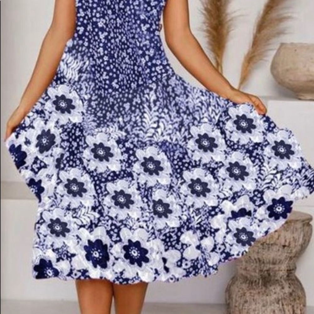A-Line Midi Blue Flower Dress